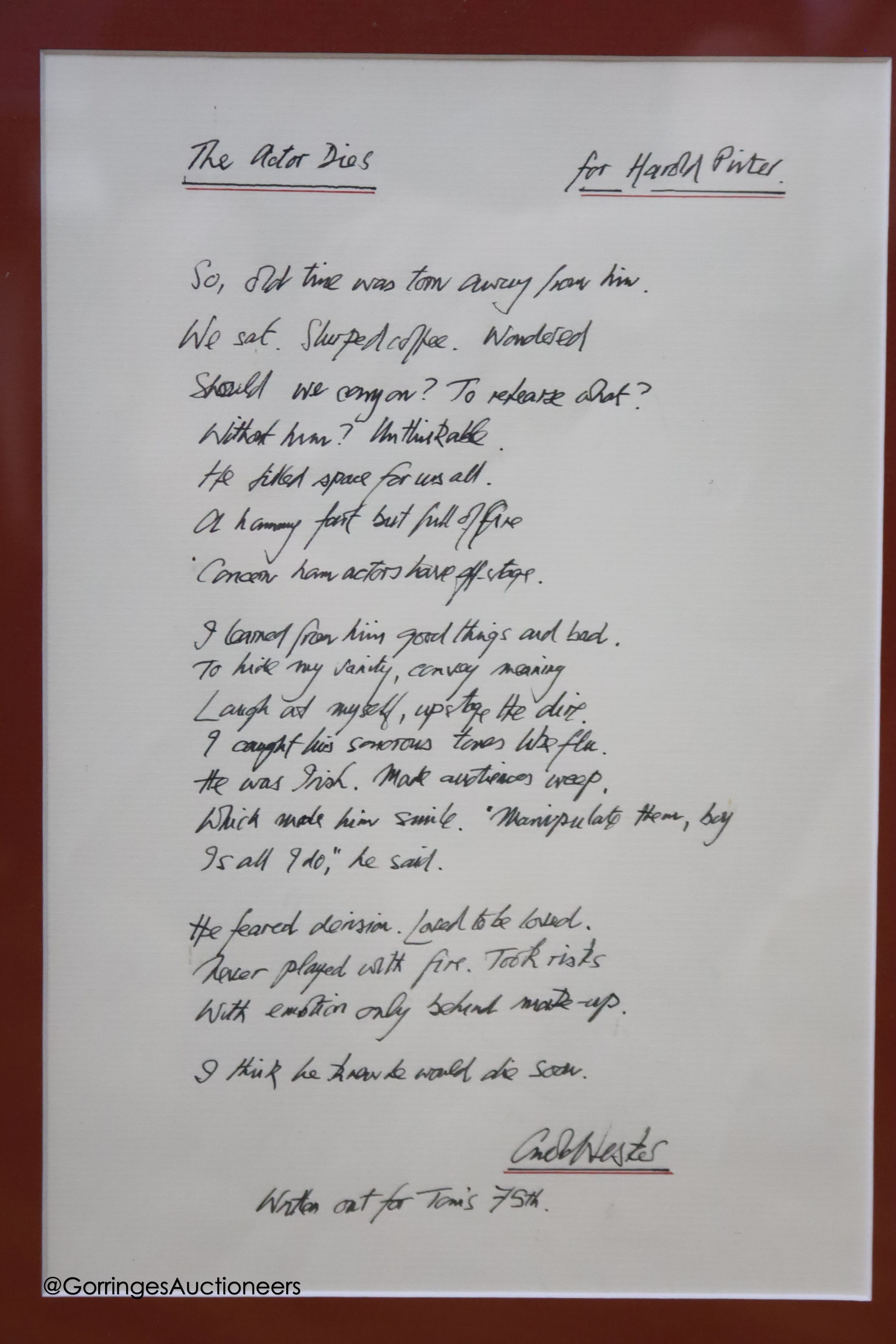 A group of assorted pictures including a Paula Gil photograph, Modern British elephant hunt illustration, and a Carol Wester handwritten poem; The Actor Dies for Harold Pinter, inscribed at the bottom 'written out for To